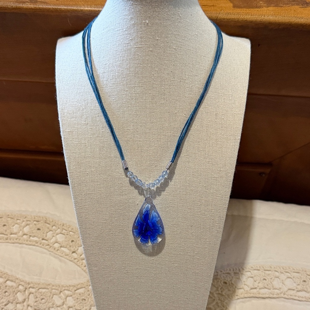 Teardrop Shaped Glass Pendant Necklace with Blue Flower and Beaded Cord BOHO